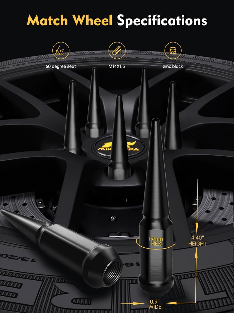 MIKKUPPA M14x1.5 Wheel Spike Lug Nuts  32 PCS Black Spiked 14mmx1.5 Solid 4.4"" Tall Acorn Lug Nuts with 1 Socket Key Replacement for Chevy Silverado 1500 2500 3500  F-150 F-250 F-350 - Image 2